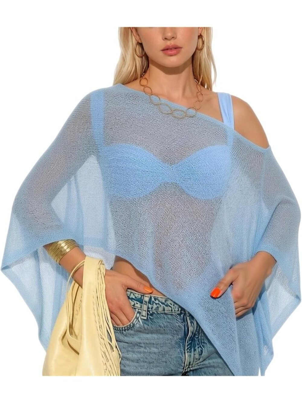 Women's Light Blue Lightweight Knit Crochet Shrug Bolero Mesh Batwing Cover Up